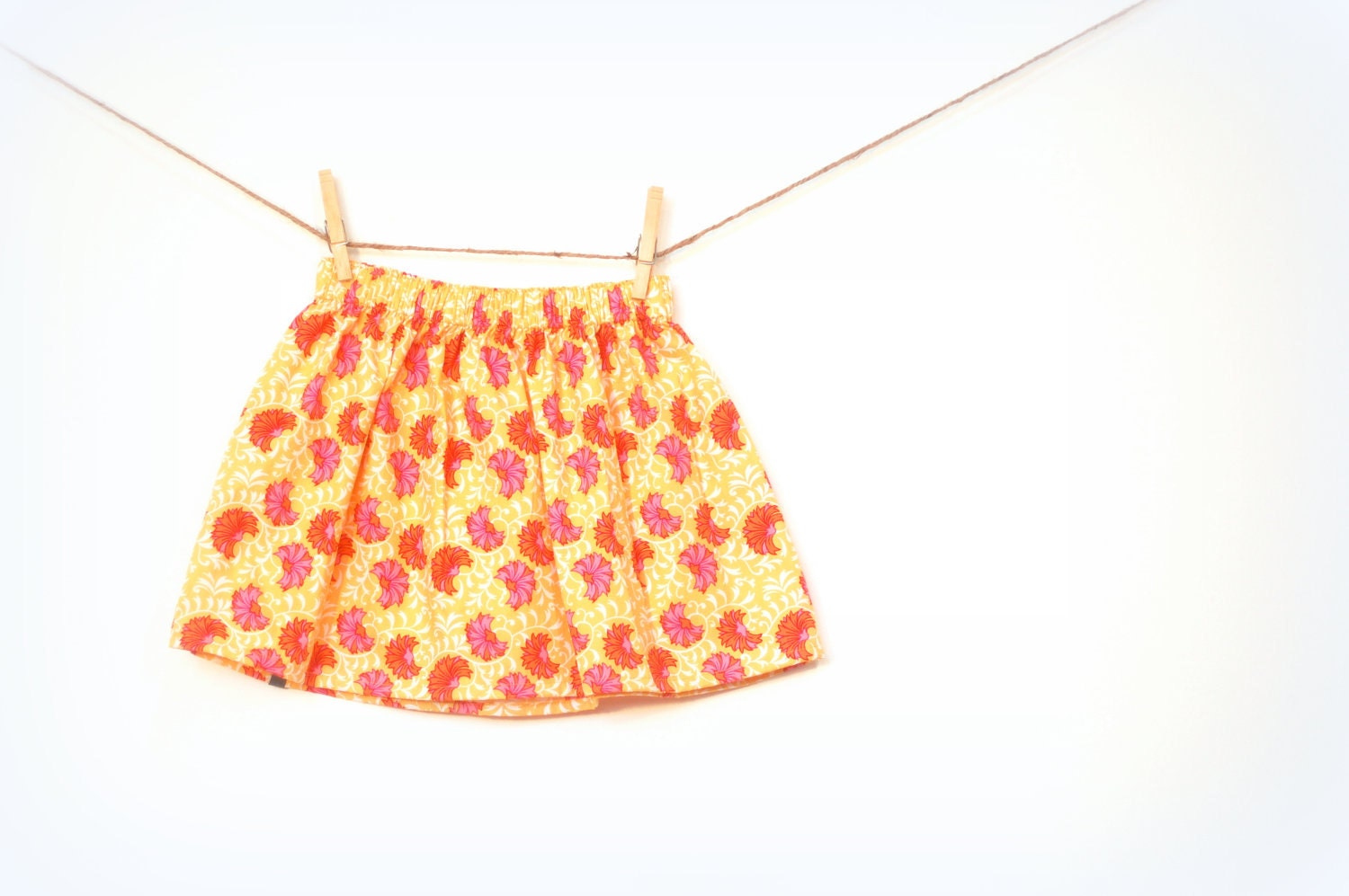 SALE / Girls Garden Party Skirt / Yellow with Pink and Orange Starburst Flowers / Made to Order / 6 months to 10T