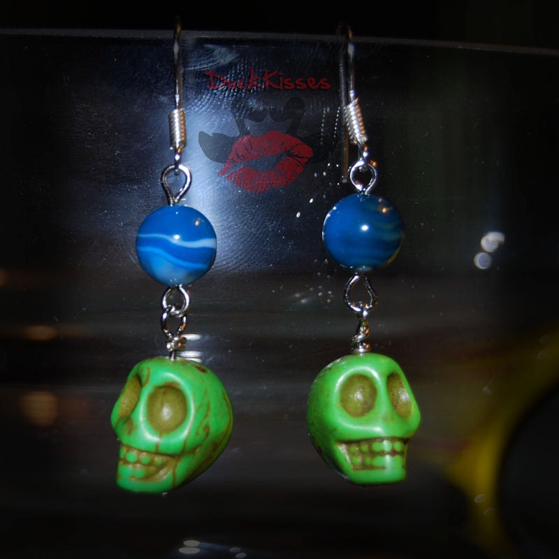 Green Howlite Skulls with Swirly Blue Jade Earrings