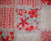 Baby Girl Rag Quilt Throw Blanket - Pink, White, Flowers, Hearts - Flannel in back