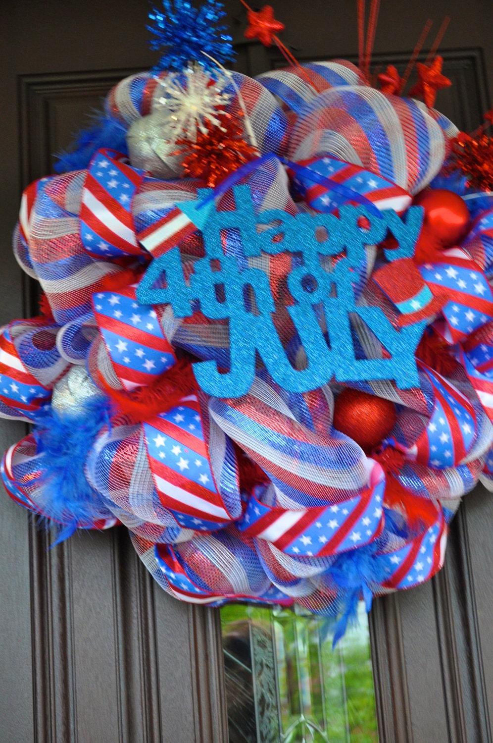 Fourth of July Wreath, OOAK, RAZ Wreath, Red White and Blue Deco Mesh Wreath