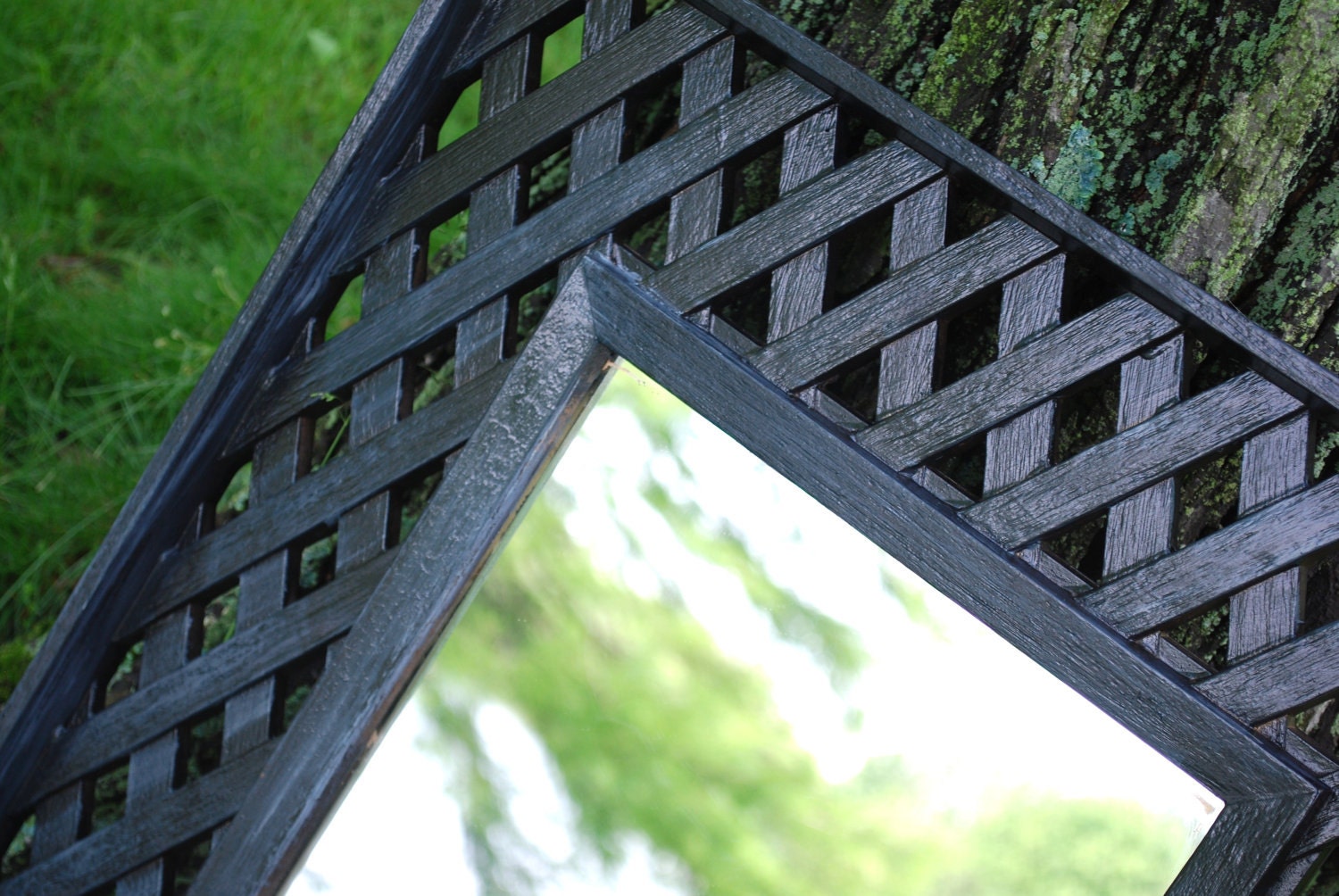Vintage Ornate Mirror Square Wall Hanging Black Distressed Lattice Style, Upcycled, Shabby Chic,Rustic Modern, Great Gift
