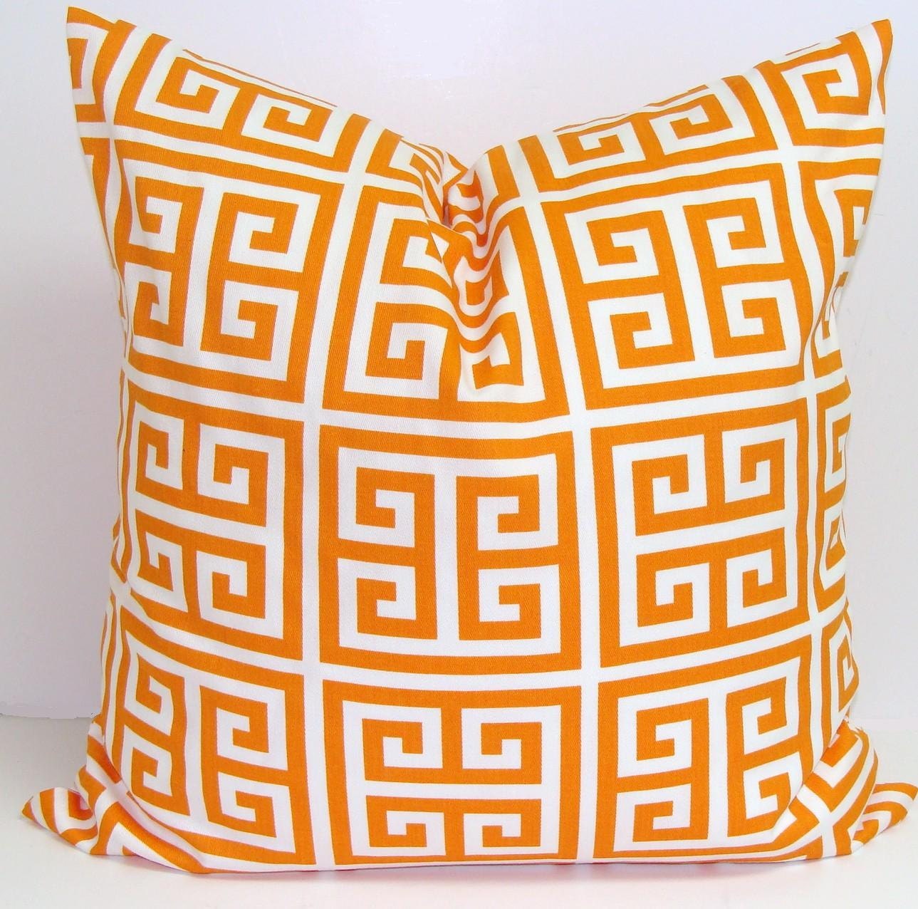 SALE.Orange Pillow.18x18 inch.Greek Key.Decorator Pillow Cover.Printed Fabric Front and Back.Greek Key.Maze.Geometric Pillow.Cushion.Cm