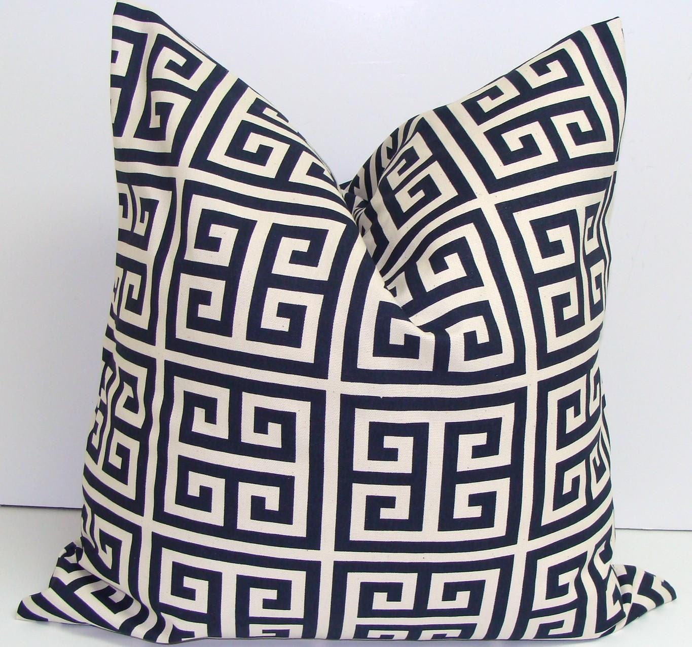 Navy Pillow.18x18 inch.Greek Key.Decorator Pillow Cover.Printed Fabric Front and Back.Dark Navy Blue Pillow