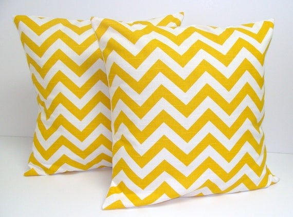 SALE.Yellow PILLOW SET.Chevron.Set of Two.16x16 inch.Decorator Pillow Covers.Printed Fabric Both Sides.Housewares.Home Decor