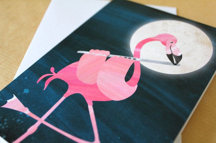 A6 blank greeting card -  Flamingo playing the flute