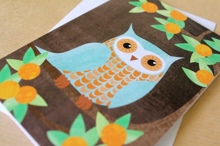 Owl in an orange tree greeting card, blue orange brown colours, print. A6 size.