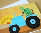 Tortoise driving a tractor A6 greeting card. Sunset, cute blue tractor, quirky and whimsical for kids especially little boys