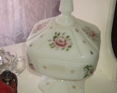 Vintage possible Fenton, Covered Dish, milk glass, painted roses, home decor,cottage,french country,cottage chic