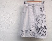Linen Owl Art Skirt Black and White Upcycled Recycled Embellished Vintage Hand Drawn Art Medium Size 8