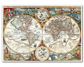 Orbis Plancius from 1594, Vintage World map printed on Parchment paper