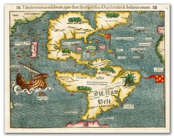 Tabula novarum insularum 1540 (first map of America), Vintage map printed on parchment paper