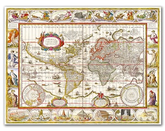 Nova Totius Terrarum Orbis from 1606, Vintage World Map printed on parchment paper