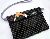 Handy wrist bag, wristlet or purse in organic black cotton with grey flower print and stripes