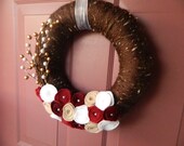 16 Inch Brown Speckled Yarn Wrapped Wreath with Felt Rosettes and Pearls