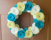 Summer Wreath - Felt Flower Wreath in White, Antique White, and Peacock with Pearls - 12 Inch