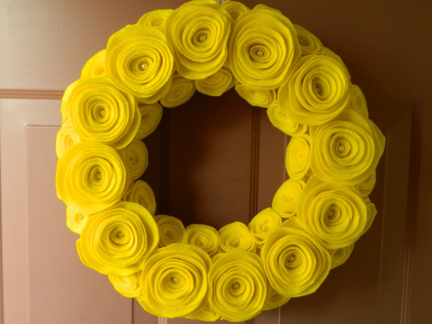 Summer Wreath - Yellow Wreath - Felt Flower Wreath in Yellow with Pearls - 14 inch