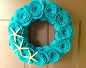 Turquoise Wreath, Summer Beach Wreath Made with Felt, Pearls and Starfish 18 inch