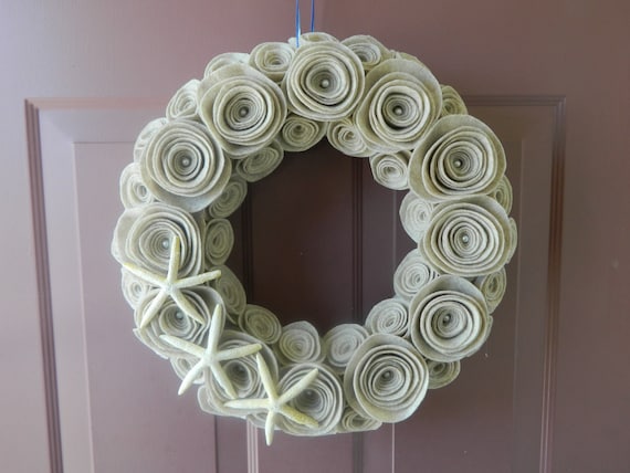 Summer Wreath - Beach Wreath - 14 Inch Felt Flower Wreath in Sandstone with Pearls and Starfish