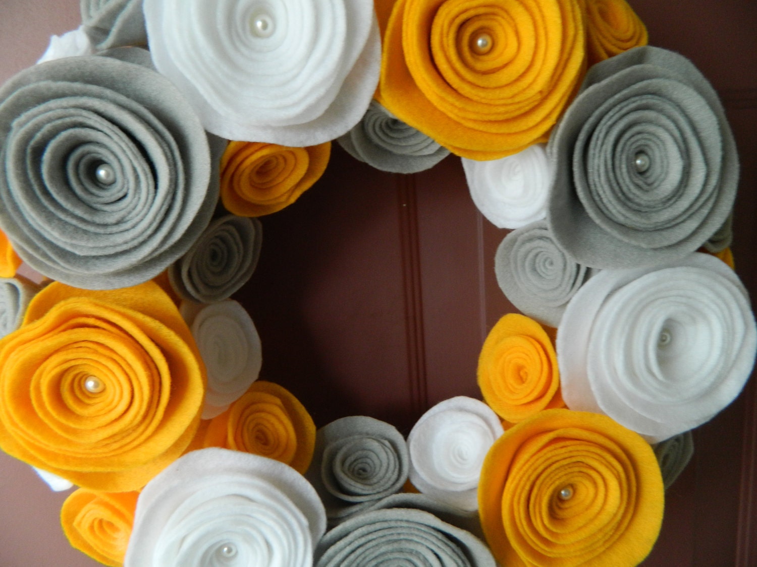 Gray, Yellow and White Wreath - Spring and Summer Felt Flower Wreath - 12 Inch Wreath with Pearls in the Centers of the Large Flowers