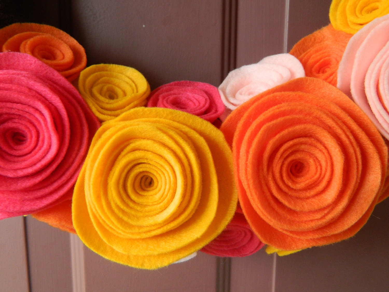 Summer Wreath - 14 Inch Yarn Wrapped Wreath - Bright Felt Flower Wreath with Green Leafy Sprig and Pink, Orange and Gold Rosettes