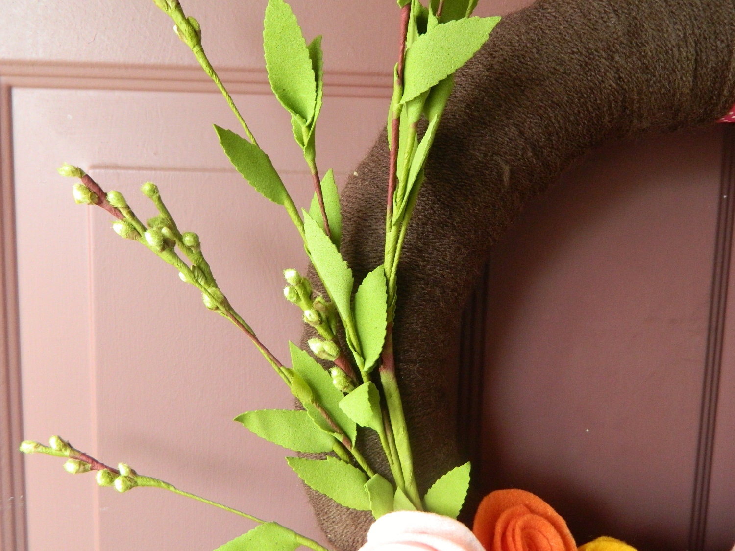 Summer Wreath - 14 Inch Yarn Wrapped Wreath - Bright Felt Flower Wreath with Green Leafy Sprig and Pink, Orange and Gold Rosettes