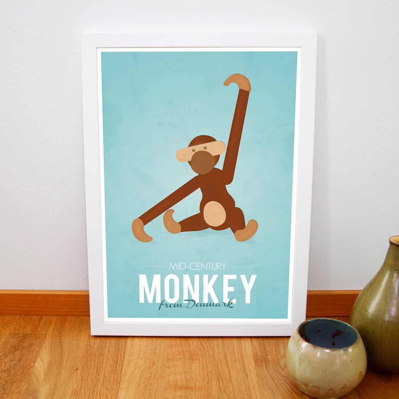 Retro Kay Bojesen monkey print from Denmark, Iconic danish design retro poster, Mid century art print, Brown Blue A3