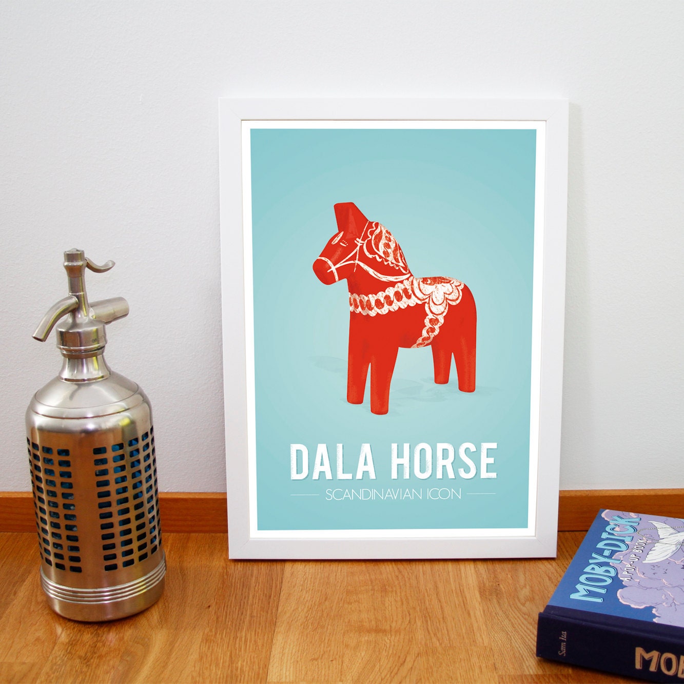Retro poster, Dala horse print from Scandinavia, Iconic Swedish poster, Mid century dalecarlian art print, Red Blue A3