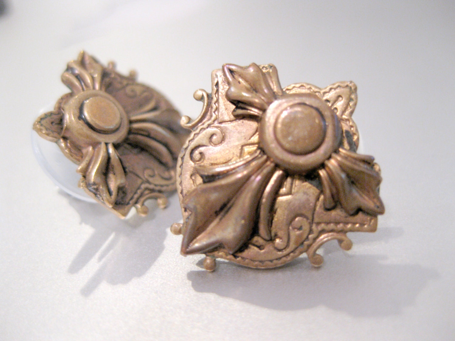 Antique Crest Earrings Art Nouveau Ear Bobs - Beautiful Pair of Gold tone Shield Button Style