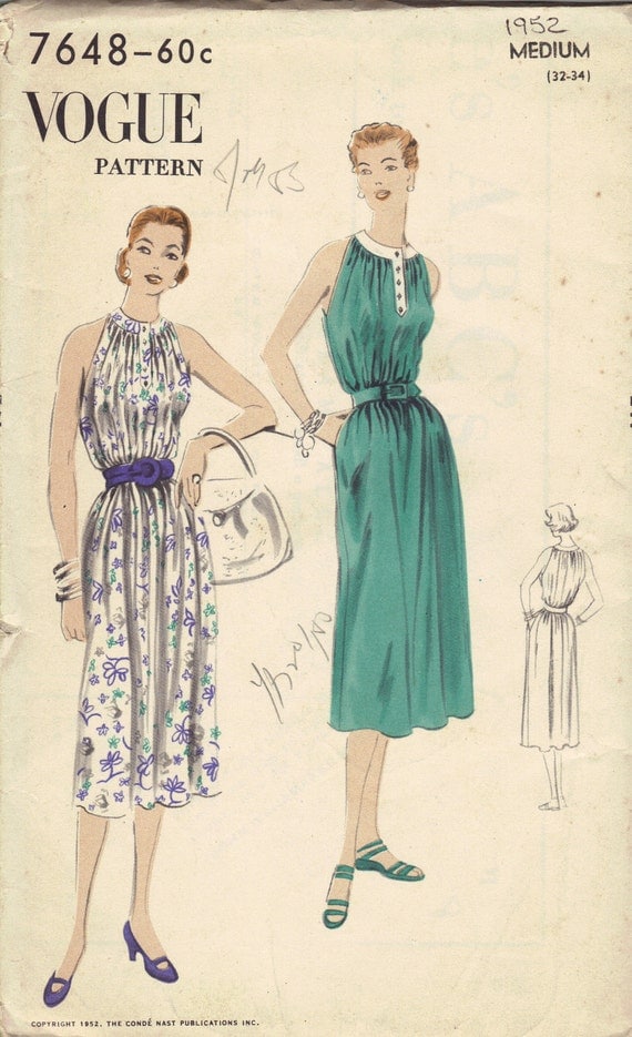 Vintage Vogue Sewing Pattern 1950s Sundress Spring Summer Dress Halter Top Loose Fit Easy to Sew Medium Bust 34