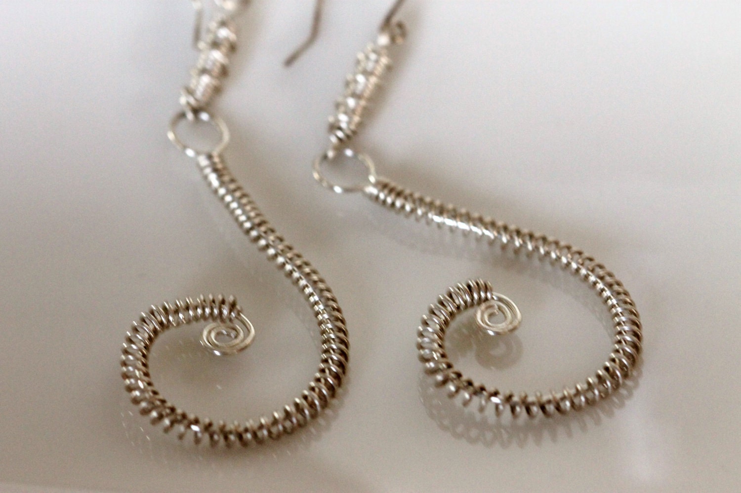 Sterling silver spiral earrings, coils, scroll, boho, metalwork jewelry by girlthree
