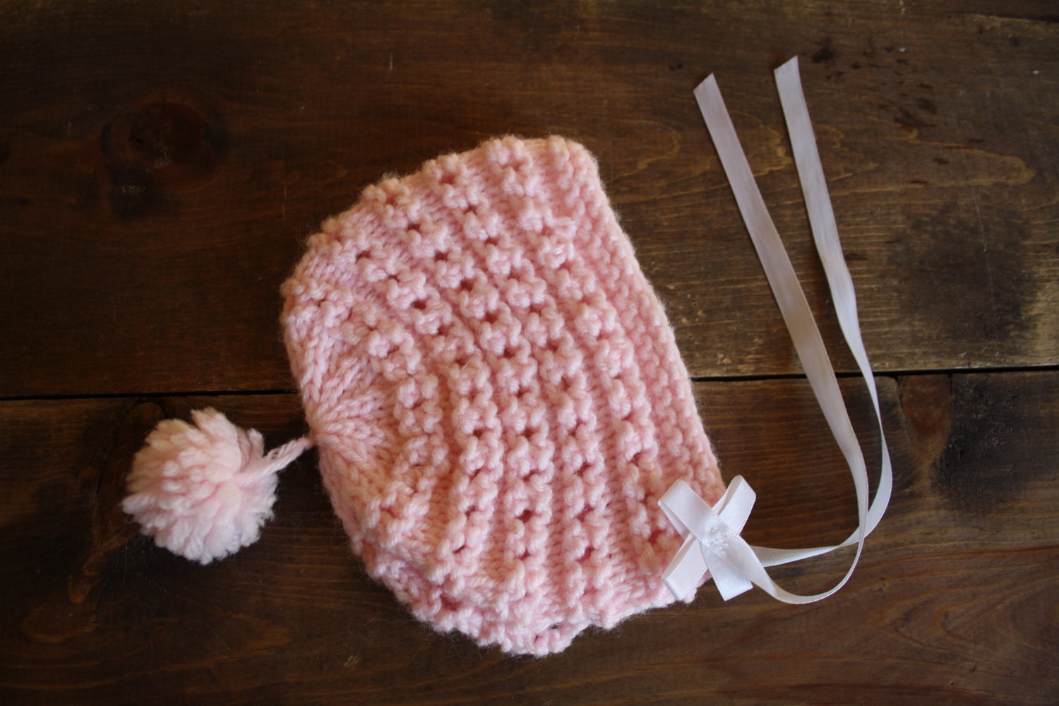 Vintage handknit pink baby bonnet / newborn hat bonnet / shower gift for baby girl - bondplacevintage