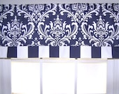Navy Damask and Stripe Straight Valance