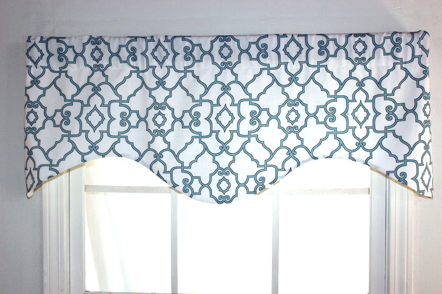 Garden Gate Shaped Valance in Blue and Yellow