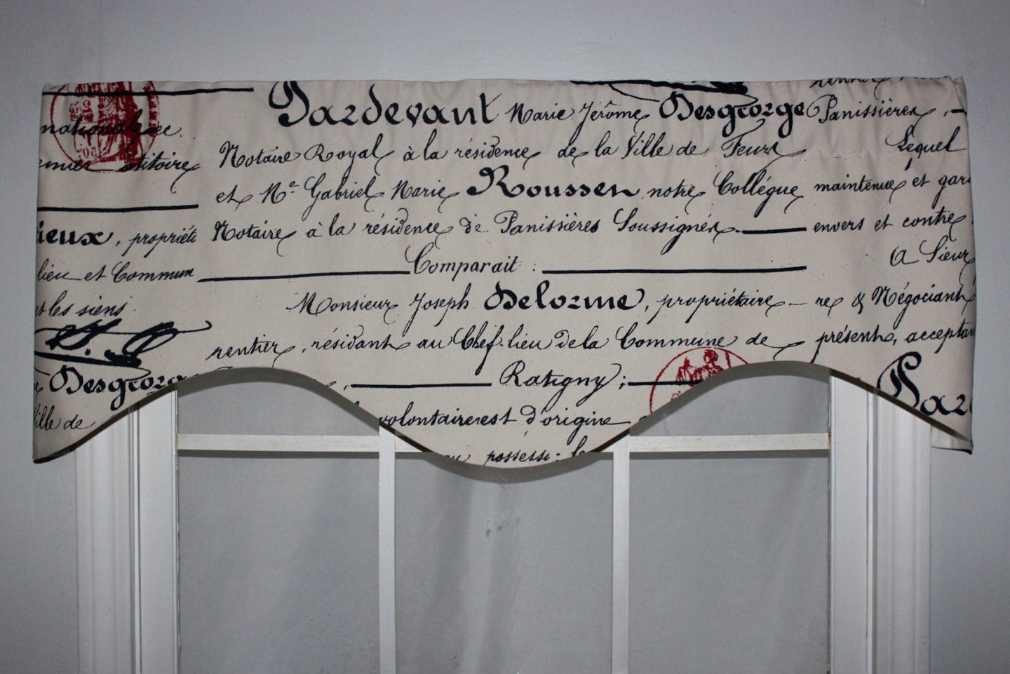 Red Postmark French Script Shaped Valance in Navy