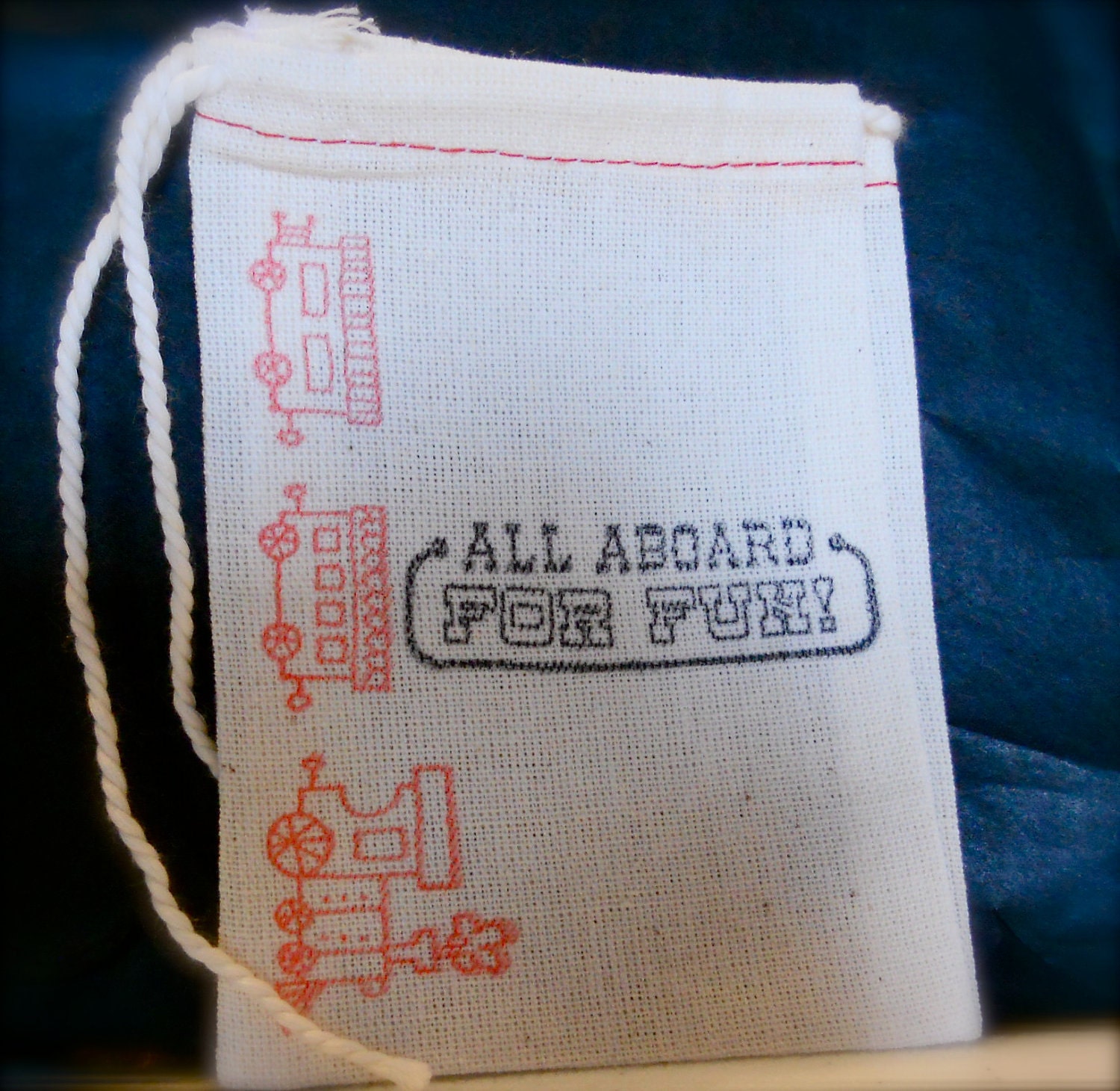 Choo choo Train All Aboard muslin party favor bag