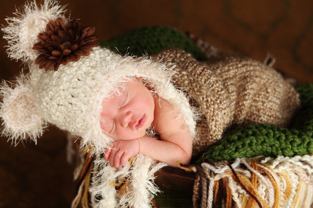Newborn Baby Girl/Boy CREAM Crochet Fuzzy Bear Hat With Ear Flaps FREE Shipping