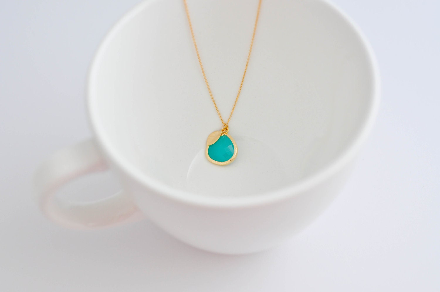 Fiji--Aquamarine Pendant with a Gold Leaf, Simple Gold Necklace, Bridesmaids Gifts, Wedding gifts, Mother's Day Gifts