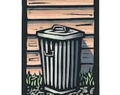 Original Linocut of a Trash Can By Ken Swanson