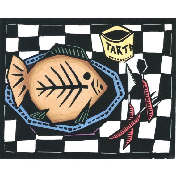 Original Linocut of Fish Dinner By Ken Swanson