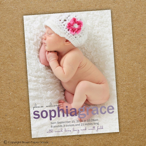 modern baby girl birth announcement. custom photo card