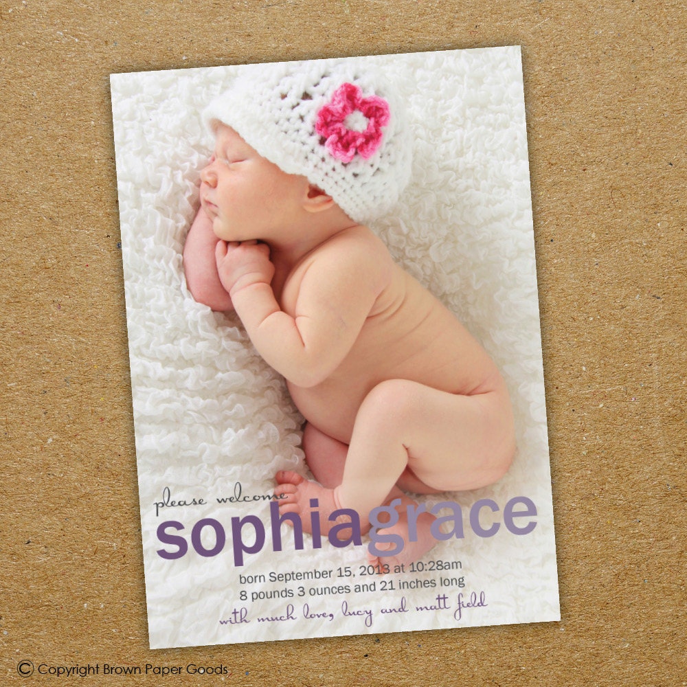 modern baby girl birth announcement. custom photo card