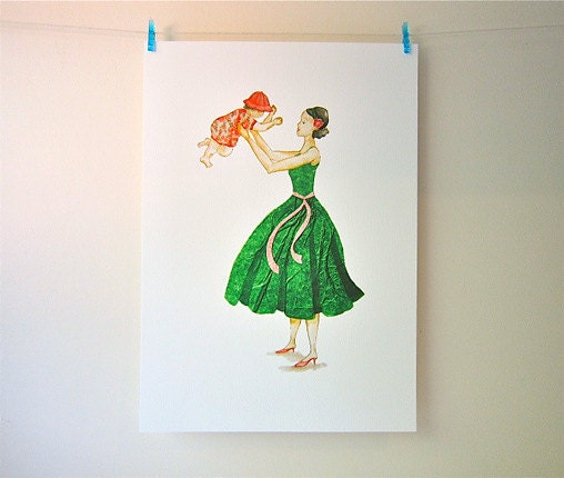 illustration, mother and baby, collage, watercolour, A4, fits 8 x 10" frame