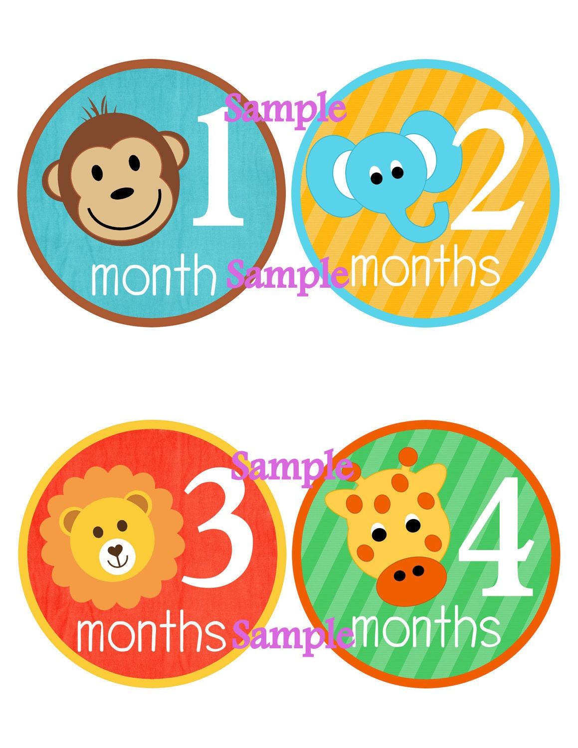 Set of 12 Month 2 Month Milestone Animal Safari Collection Monthly Stickers