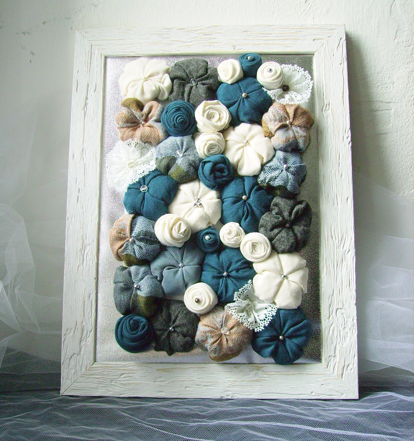 Fabric flower art Shabby chic Framed 3D design home decor - blue grey white - OOAK spring bouquet