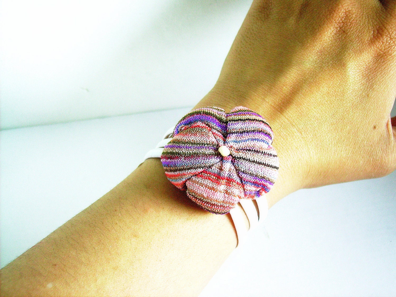 Fabric flower bracelet rainbow bangle pink blue purple - handmade ready to ship