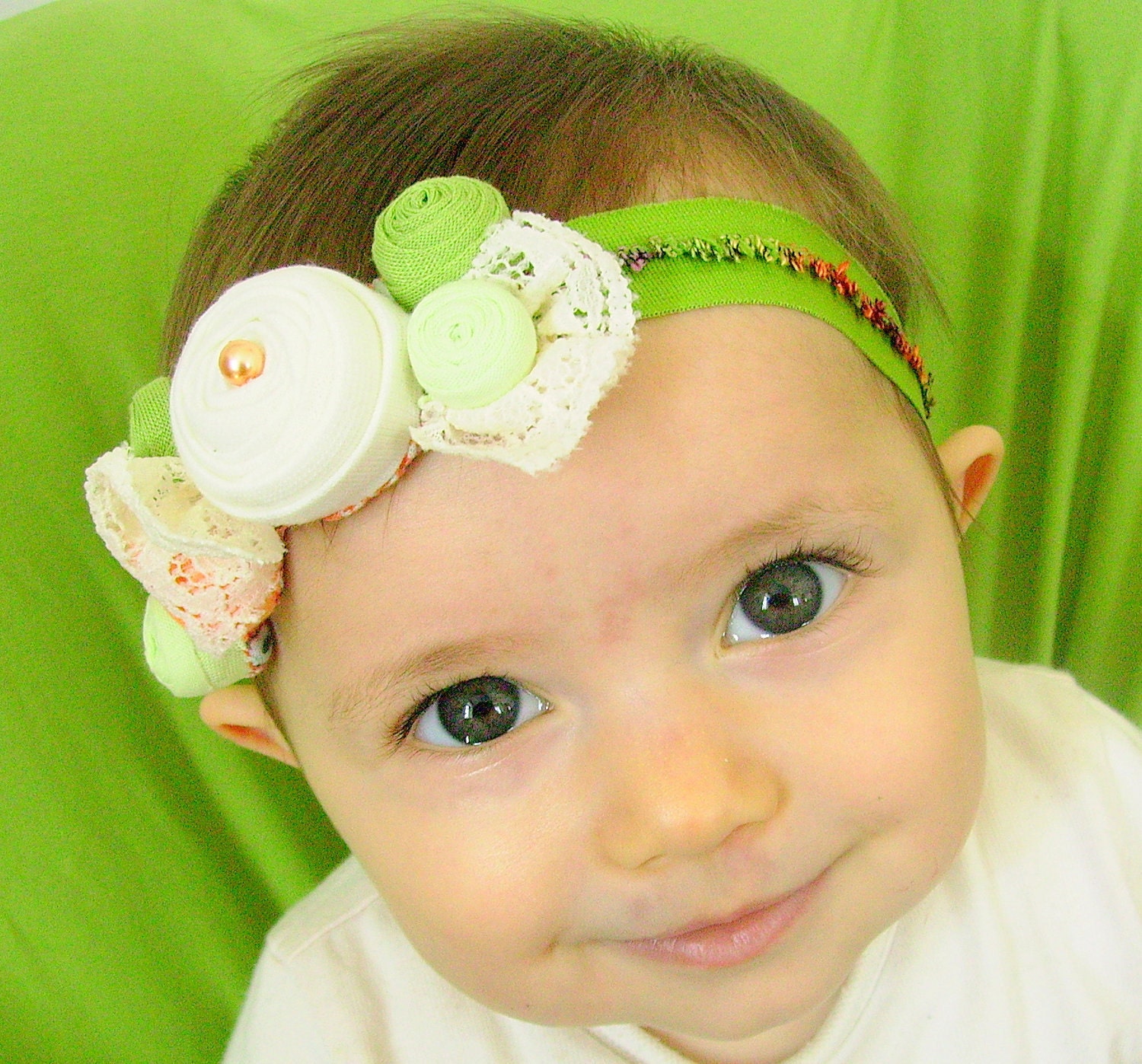 Baby headband peach green fabric flowers newborn baby girl - handmade - ready to ship
