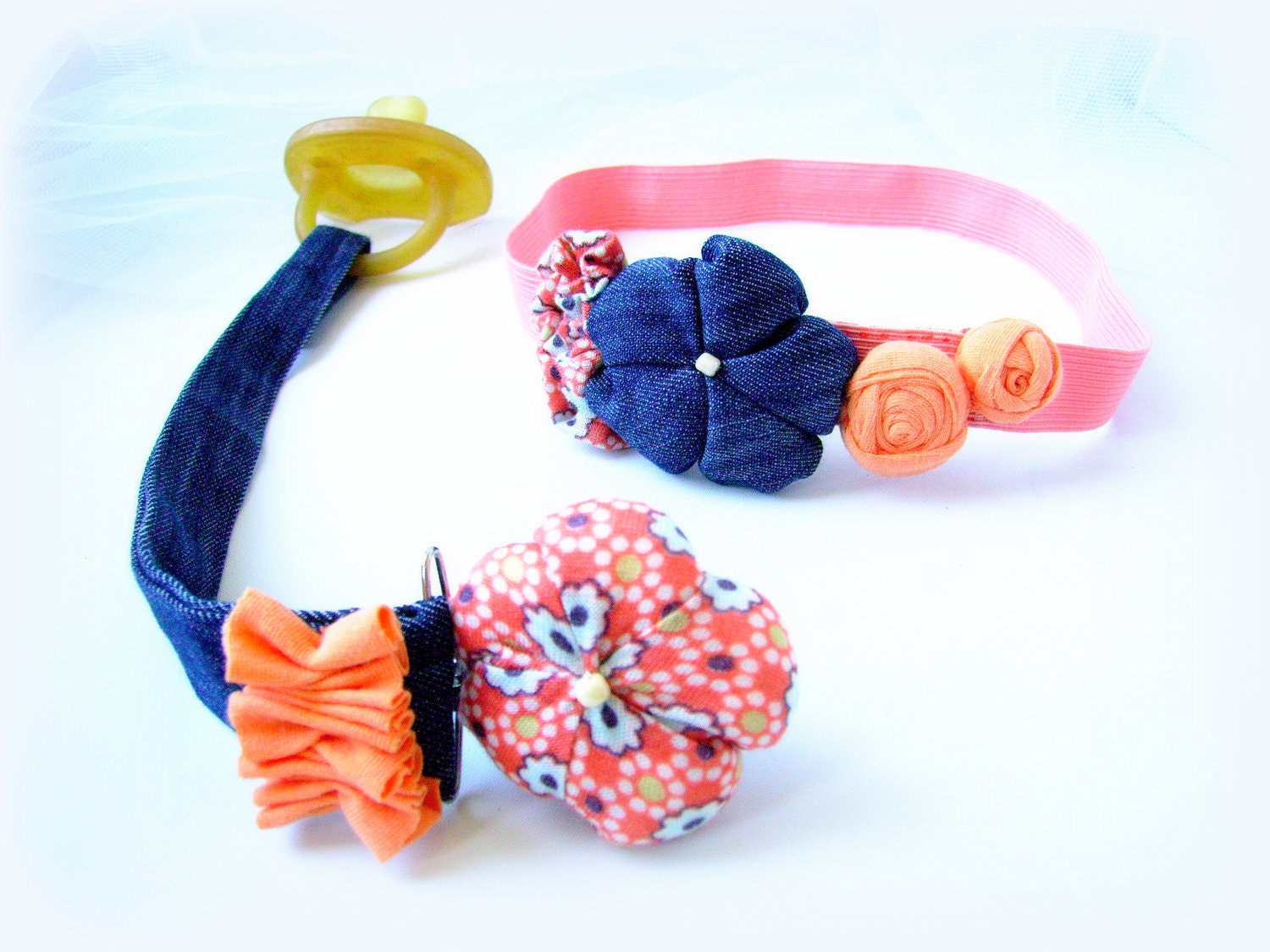 Denim elastic headband Shabby chic hairband fabric flower peach jeans matching girl newborn baby child - handmade - ready to ship