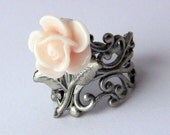 Light Pink Rose Ring Silver Enamel Metal Ring Victorian Style