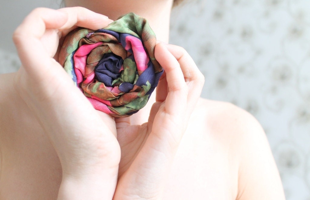 Fabric brooch - Navy blue, pink and green flower brooch rosette - Valentines day gift