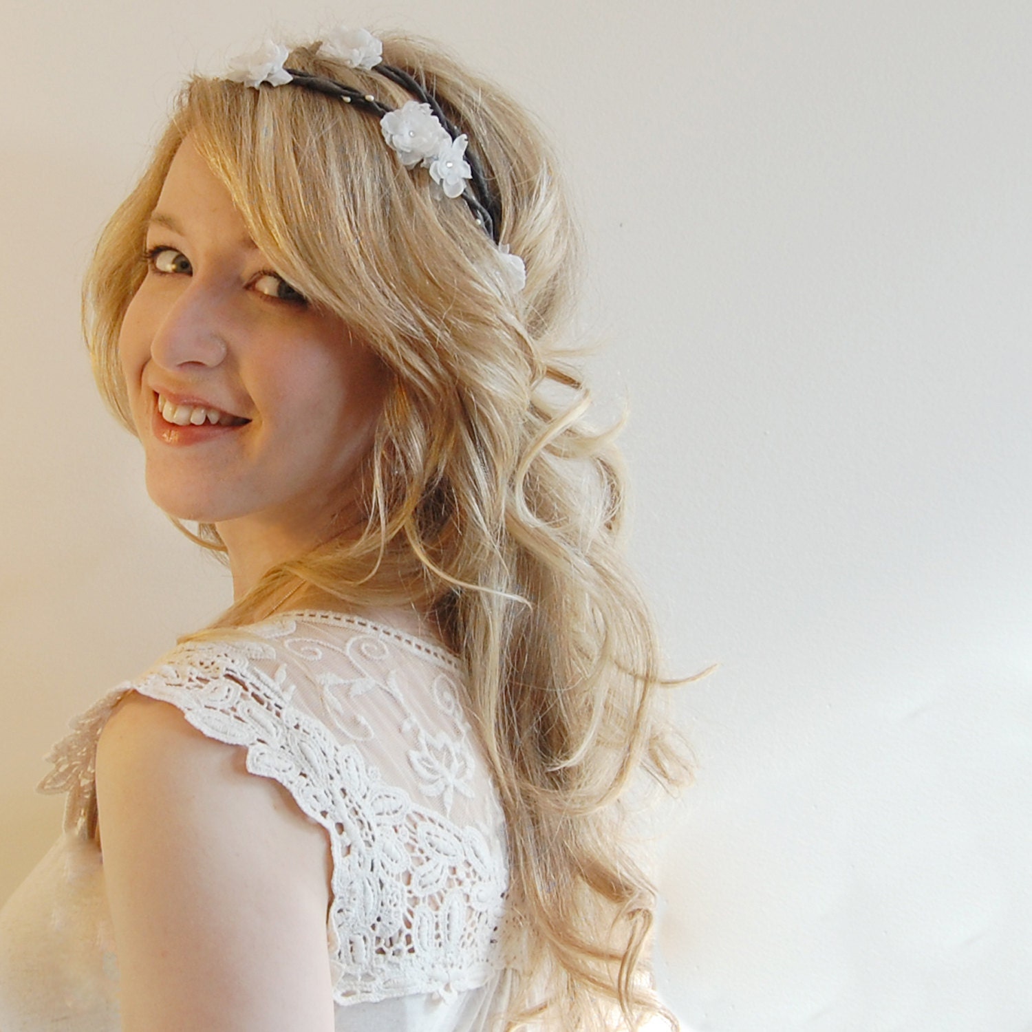 Romantic Wedding White Flower Crown--Double Strand Flower Halo Made to Order